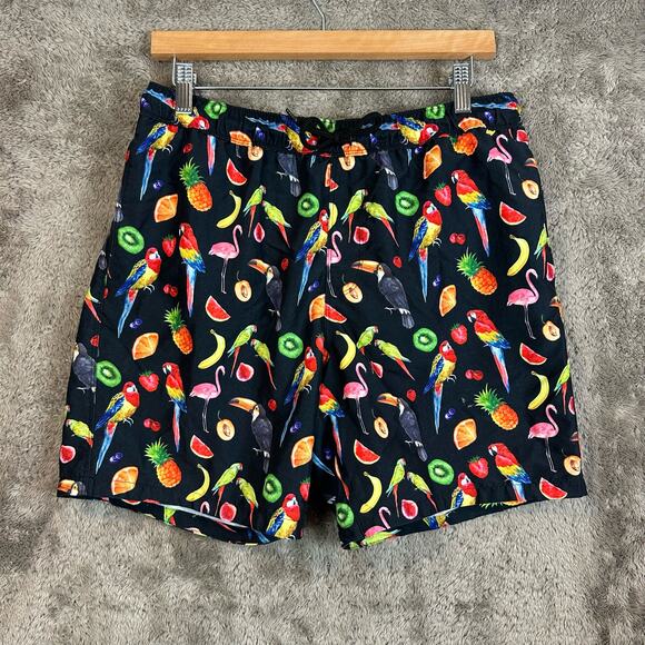 Asos  Swim Trunks Shorts Parrots Fruit Print Medium M Black Hawaiian Beachy - Picture 1 of 7